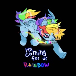 Size: 1021x1021 | Tagged: safe, artist:cutesykill, derpibooru import, rainbow dash, pegasus, pony, g4, beanbrows, black background, blood, cutie mark, eyebrows, female, folded wings, holding, knife, lidded eyes, looking at you, mare, narrowed eyes, rainbow blood, running, simple background, solo, text, wingding eyes, wings