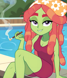 Size: 2920x3400 | Tagged: safe, ai content, derpibooru import, generator:pony diffusion v6 xl, generator:stable diffusion, machine learning generated, tree hugger, human, equestria girls, g4, cigarette, clothes, equestria girls-ified, lidded eyes, one-piece swimsuit, prompter:thismaybeyou, sitting, smoking, swimming pool, swimsuit