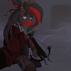 Size: 1920x1920 | Tagged: safe, artist:dvfrost, derpibooru import, oc, oc only, oc:telos, zebra, fallout equestria, arrow, bolts, cape, clothes, crossbow, crossbow bolts, fallout, fog, history, read stripes, weapon