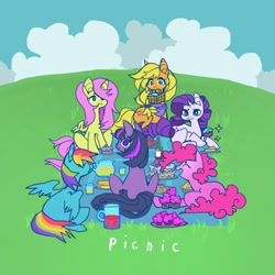 Size: 964x964 | Tagged: safe, artist:cutesykill, derpibooru import, applejack, fluttershy, pinkie pie, rainbow dash, rarity, twilight sparkle, unicorn twilight, earth pony, pegasus, pony, unicorn, g4, alcohol, apple, bandana, basket, beanbrows, bottle, cake, can, cloud, cup, cupcake, eating, eyebrows, eyes closed, female, field, food, freckles, glass, grass, group, holding, juice, looking at you, looking back, looking back at you, lying down, mane six, mare, missing accessory, mouth hold, neckerchief, no mouth, open mouth, open smile, orange juice, pastries, picnic, pie, pitcher, plate, prone, sitting, sky, small wings, smiling, sparkles, spread wings, staring into your soul, wine, wine bottle, wine glass, wings
