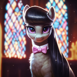 Size: 1024x1024 | Tagged: safe, ai content, derpibooru import, generator:pony diffusion v6 xl, generator:stable diffusion, machine learning generated, octavia melody, earth pony, pony, g4, black hair, bow, chest fluff, female, looking at you, mare, prompt in description, prompter:maresforever, smiling, smiling at you, solo