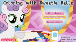 Size: 797x440 | Tagged: safe, artist:drud14, derpibooru import, sweetie belle, pony, unicorn, g4, 2014, brony history, coloring with sweetie belle, downloadable, downloadable content, explore ponyville, fan game, female, filly, flash, flash game, foal, game, link in description, looking at you, meme, nostalgia, ponyville, show accurate, solo