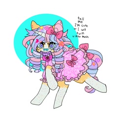 Size: 1078x1038 | Tagged: safe, artist:cutesykill, derpibooru import, oc, oc only, oc:bubble bleb, fish, pony, unicorn, bandage, bandaid, bandaid on nose, beanbrows, blaze (coat marking), bow, bowtie, circle background, clothes, coat markings, colored hooves, colored horn, colored teeth, colorful, dress, ear piercing, earring, eyebrows, facial markings, fangs, female, frilly dress, girly, goldfish, hair accessory, hair bow, hairclip, hooves in air, horn, jewelry, leonine tail, looking at you, mare, multicolored mane, multicolored tail, neck bow, piercing, purple teeth, raised hoof, raised leg, ringlets, sharp teeth, simple background, socks (coat marking), solo, tail, tail bow, teeth, text, threat, unicorn oc, white background, wingding eyes