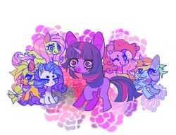 Size: 954x728 | Tagged: safe, artist:cutesykill, derpibooru import, applejack, fluttershy, pinkie pie, rainbow dash, rarity, twilight sparkle, unicorn twilight, earth pony, pegasus, pony, unicorn, g4, abstract background, bandana, beanbrows, big ears, colored muzzle, ear piercing, earring, ears, eyebrows, female, folded wings, group, jewelry, lidded eyes, mane six, mare, missing accessory, narrowed eyes, neckerchief, no mouth, one eye closed, patterned background, piercing, ponytail, raised hoof, raised leg, sitting, smiling, spread wings, standing, wide eyes, wingding eyes, wings, wink