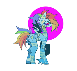 Size: 1047x967 | Tagged: safe, artist:cutesykill, derpibooru import, rainbow dash, pegasus, pony, g4, alternate hairstyle, alternate tailstyle, bags under eyes, bandage, bandaged leg, bandaged neck, bandaged wing, beanbrows, butt fluff, cheek fluff, circle, colored eyelashes, colored pupils, eyebrows, eyelashes, female, fetlock tuft, frown, injured, leg fluff, mare, purple eyelashes, raised hoof, raised leg, red eyes, sad, short hair rainbow dash, simple background, solo, standing, tail, white background, wings