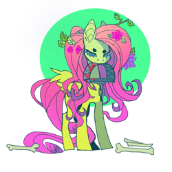 Size: 1021x1021 | Tagged: safe, artist:cutesykill, derpibooru import, fluttershy, pegasus, pony, g4, beanbrows, bear trap, big ears, blood, bone, circle, circle background, colored pupils, ear piercing, earring, ears, eyebrows, eyelashes, female, flower, flower in hair, folded wings, holding, jewelry, leaves, leaves in hair, long mane, long tail, looking at you, mare, mouth hold, narrowed eyes, no mouth, piercing, solo, standing, stick, tail, twig, twigs in hair, wings