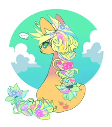 Size: 962x1096 | Tagged: safe, artist:cutesykill, derpibooru import, applejack, earth pony, pony, g4, ..., alternate hairstyle, alternate tailstyle, artist, big ears, body freckles, braid, braided ponytail, braided tail, circle background, cloud, colored sclera, crescent moon, cutie mark, dialogue, ears, eyelashes, female, flower, flower in hair, flower in tail, freckles, frown, gradient background, heart, looking at you, looking back, looking back at you, mare, missing accessory, moon, ponytail, seashell, simple background, sitting, sky, sky background, solo, speech bubble, stars, tail, text, white background, wingding eyes