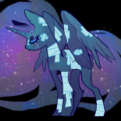 Size: 850x850 | Tagged: safe, artist:cutesykill, derpibooru import, princess luna, alicorn, pony, g4, alternate design, bandage, bandaged leg, bandaged neck, bandaged wing, bandaid, bandaid on nose, beanbrows, black background, blue eyes, blue sclera, closed mouth, colored sclera, cyan sclera, ear piercing, earring, ethereal mane, ethereal tail, eye scar, eyebrows, facial scar, female, frown, horn, injured, jewelry, lidded eyes, mare, missing accessory, narrowed eyes, partially open wings, piercing, sad, scar, simple background, solo, sparkly mane, sparkly tail, standing, tail, wings