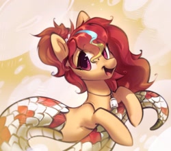 Size: 2048x1805 | Tagged: safe, artist:mirroredsea, derpibooru import, oc, oc only, oc:anya heartsqueeze, lamia, original species, snake, snake pony, female, hair tie, jewelry, looking at you, necklace, ponytail, red eyes, simple background, solo