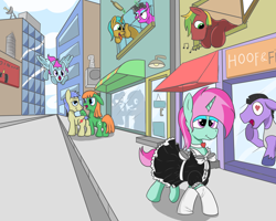 Size: 2000x1600 | Tagged: safe, artist:amateur-draw, derpibooru import, oc, oc only, oc:belle boue, earth pony, pegasus, unicorn, boyfriend and girlfriend, city, clothes, crossdressing, earth pony oc, evening gloves, female, gloves, heart, heart eyes, horn, long gloves, maid, makeup, male, manehattan, mare, meme, pegasus oc, stallion, straight, street, tongue, tongue out, unicorn oc, whistle, wingding eyes