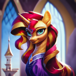 Size: 1024x1024 | Tagged: safe, ai content, derpibooru import, generator:pony diffusion v6 xl, generator:stable diffusion, machine learning generated, sunset shimmer, pony, unicorn, g4, canterlot castle, clothes, female, looking at you, mare, prompt in description, prompter:maresforever, robe, solo