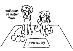 Size: 720x500 | Tagged: safe, artist:purblehoers, derpibooru import, earth pony, pony, black and white, book, dialogue, duo, female, grayscale, looking at you, mare, monochrome, ms paint, pun, religion, simple background, sitting, standing, white background