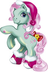 Size: 1327x1961 | Tagged: safe, derpibooru import, minty, earth pony, pony, g3, bow, christmas, clothes, cute, female, g3betes, hat, holiday, hoof heart, mare, official, rearing, santa hat, simple background, socks, solo, stars, tail, tail bow, transparent background, underhoof