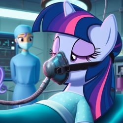 Size: 1024x1024 | Tagged: safe, ai content, derpibooru import, generator:bing image creator, generator:dall-e 3, machine learning generated, twilight sparkle, human, unicorn, g4, anesthesia, anesthesia mask, black anesthesia mask, clothes, hose, hospital gown, laboratory, mask, oxygen mask, prompter:sonicstreak5344, science fiction, scrubs (gear), sleepy, surgeon, surgical mask