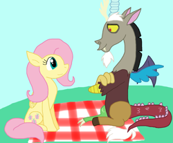 Size: 1523x1262 | Tagged: safe, artist:cmara, derpibooru import, discord, fluttershy, draconequus, pegasus, pony, g4, duo, duo male and female, female, looking at each other, looking at someone, male, picnic, picnic blanket, sitting
