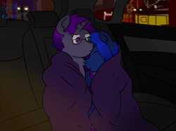 Size: 1206x900 | Tagged: safe, artist:ideletedsystem64, derpibooru import, oc, oc only, oc:technomancer, oc:xeno (iraven), pony, unicorn, blanket, blue mane, car, car interior, chest fluff, cozy, duo, ear fluff, ears, eyes closed, female, glasses, gradient mane, heterochromia, holding, holding a pony, looking at someone, male, mare, night, nuzzling, purple mane, sleeping, smiling, snuggling, stallion, unshorn fetlocks