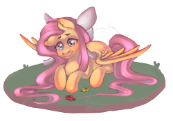 Size: 3000x2107 | Tagged: safe, artist:rozalies, derpibooru import, fluttershy, insect, ladybug, pegasus, pony, g4, blushing, bow, cute, ear blush, female, hair bow, heart, heart eyes, high res, lying down, mare, partially open wings, prone, shyabetes, simple background, smiling, solo, transparent background, wingding eyes, wings