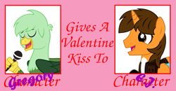 Size: 1273x660 | Tagged: safe, artist:gregory-the-griffon, derpibooru import, oc, oc:ej, oc:gregory griffin, alicorn, griffon, pony, gay, holiday, kissing, male, valentine's day