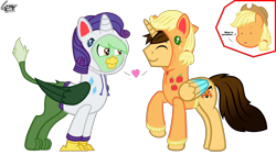 Size: 3840x2160 | Tagged: safe, artist:gregory-the-griffon, derpibooru import, applejack, rarity, oc, oc:ej, oc:gregory griffin, griffon, pony, g4, clothes, female, gay, hoodie, male, shipping, simple background, solo, transparent background