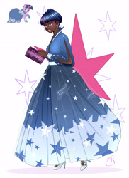 Size: 4800x6600 | Tagged: safe, artist:timasongart, derpibooru import, twilight sparkle, unicorn twilight, human, pony, unicorn, g4, alternate hairstyle, book, clothes, dark skin, dress, ear piercing, earring, female, gala dress, gown, high heels, humanized, jewelry, mare, open mouth, piercing, shoes, simple background, solo, white background