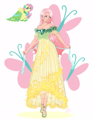 Size: 5100x6600 | Tagged: safe, artist:timasongart, derpibooru import, fluttershy, human, pegasus, pony, g4, clothes, dress, ear piercing, earring, female, gala dress, grin, high heels, humanized, jewelry, lipstick, makeup, mare, piercing, shoes, smiling, solo, toes