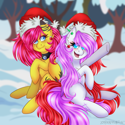 Size: 3095x3080 | Tagged: safe, artist:cheerful_nova, derpibooru import, oc, pegasus, pony, art trade, christmas, couple, duo, duo female, ear piercing, earring, female, hat, holiday, jewelry, merry christmas, necklace, piercing, smiling