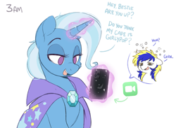 Size: 967x709 | Tagged: safe, artist:higglytownhero, derpibooru import, trixie, oc, oc:juby skylines, pony, unicorn, bags under eyes, brooch, cape, clothes, dialogue, duo, facetime, faic, gem, half body, jewelry, lidded eyes, looking down, magic, magic aura, male, open mouth, phone, simple background, speech bubble, stallion, talking, text, tired, trixie's brooch, trixie's cape, white background