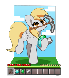 Size: 2008x2248 | Tagged: safe, artist:kittyrosie, derpibooru import, derpy hooves, pegasus, pony, g4, diamond, emerald, female, iron, mare, minecraft, mouth hold, pickaxe, simple background, solo, transparent background