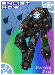 Size: 2079x2830 | Tagged: safe, artist:devorierdeos, derpibooru import, rainbow dash, fallout equestria, equestria girls, g4, armor, commonwealth, enclave, enclave armor, equestria girls-ified, flying, helmet, jetpack, laser rifle, military poster, ministry mares, ministry of awesome, power armor, sparkle battery, su-57, united states, x-02