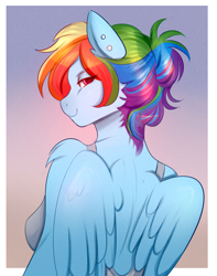 Size: 1700x2154 | Tagged: safe, artist:cutievarka, derpibooru import, rainbow dash, anthro, pegasus, g4, backless, breasts, ear piercing, earring, female, gradient background, jewelry, lidded eyes, looking at you, looking back, looking back at you, mare, piercing, rainboob dash, sideboob, smiling, smiling at you, solo