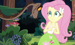 Size: 769x461 | Tagged: safe, artist:ocean lover, derpibooru import, fluttershy, human, python, snake, equestria girls, g4, bare shoulders, blue eyes, bush, butterfly hairpin, clothes, crossover, cutie mark on clothes, disney, forest, forest background, frown, humanized, kaa, link, link in description, long hair, looking at each other, looking at someone, nature, outdoors, pink hair, scared, species swap, tanktop, the jungle book, the legend of zelda, thumbnail, tree, uncomfortable, youtube, youtube link, youtube thumbnail, youtube video