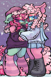 Size: 2000x3000 | Tagged: safe, artist:larvaecandy, derpibooru import, minty, pinkie pie (g3), earth pony, pony, semi-anthro, g3, clothes, crying, duo, female, hug, lesbian, ship:mintypie, shipping, skirt, sweater