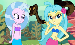 Size: 720x432 | Tagged: safe, artist:fireluigi29, artist:ocean lover, derpibooru import, edit, princess skystar, silverstream, human, mermaid, python, snake, equestria girls, g4, my little pony: the movie, bandeau, bare shoulders, beautiful, belly, belly button, blue eyes, blue hair, bra, clothes, coral, disney, duo, duo female, equestria girls-ified, female, flower, flower in hair, forked tongue, hand on hip, humanized, jewelry, kaa, lidded eyes, link in description, long hair, mermaid princess, mermaidized, necklace, ocean, pearl, pearl necklace, purple eyes, seashell, seashell bra, seaweed, species swap, the jungle book, thumbnail, two toned hair, underwater, underwear, vector, vector edit, water, youtube link, youtube thumbnail, youtube video