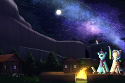 Size: 4500x3000 | Tagged: safe, artist:nihithebrony, derpibooru import, oc, oc only, oc:haven sympony, oc:lumin light, pegasus, pony, unicorn, g4, beige body, beige wings, campfire, cinematic, cliff, clothes, colored, colored wings, cottage, couple, duo, duo male, food, forest, full body, full moon, golden eyes, grass, green coat, green horn, jewelry, light blue mane, light blue wings, logs, male, marshmallow, moon, multicolored coat, multicolored hair, multicolored mane, multicolored tail, multicolored wings, nature, outdoors, pegasus oc, purple eyes, purple mane, purple tail, rainbow, rainbow falls (location), relaxed, relaxing, ring, scarf, shading, sky, stallion, stargazing, starry night, stars, tail, tree, tunnel, white mane, white wings, wings