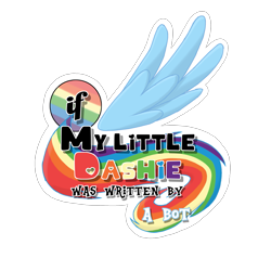 Size: 2143x2143 | Tagged: safe, artist:iamaveryrealperson, derpibooru import, rainbow dash, pegasus, pony, comic:if my little dashie was written by a bot, fanfic:if my little dashie was written by a bot, fanfic:my little dashie, g4, 2023, comic, drop shadow, fanfic, fanfic art, logo, outline, parody, rainbow, simple background, spread wings, tail, text, transparent background, white outline, wings