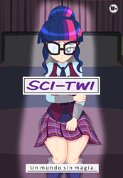 Size: 2408x3472 | Tagged: safe, artist:derpyramone, derpibooru import, sci-twi, twilight sparkle, human, equestria girls, g4, breasts, busty sci-twi, clothes, comic, cover, cover art, crystal prep academy uniform, explicit source, fanfic, female, glasses, human coloration, light skin, looking at you, room, school uniform, shadow, skirt, socks, solo, spanish