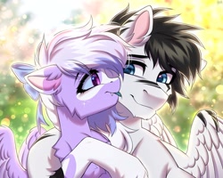 Size: 2048x1638 | Tagged: safe, artist:hakaina, derpibooru import, oc, oc:eclipse siriusa, oc:siren andromeda, alien, alien pony, pegasus, bow, colored sclera, colored tongue, commission, couple, fangs, female, hair bow, hug, licking, male, smiling, tongue, tongue out, wholesome, ych result