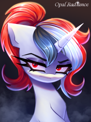 Size: 2209x2973 | Tagged: safe, artist:opal_radiance, derpibooru import, oc, oc:red rocket, pony, unicorn, bust, portrait, solo