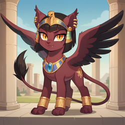 Size: 1024x1024 | Tagged: safe, ai content, derpibooru import, generator:stable diffusion, machine learning generated, sphinx, column, cute, cute little fangs, egyptian headdress, fangs, female, gem, golden eyes, jewelry, looking at you, outdoors, paws, prompter needed, sky, slit eyes, solo, spread wings, tail, wings