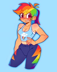 Size: 2226x2825 | Tagged: safe, artist:minky, derpibooru import, rainbow dash, human, g4, bare shoulders, blue background, blushing, breasts, cleavage, clothes, eye clipping through hair, eyebrows, eyebrows visible through hair, female, grin, hand on hip, humanized, looking at you, midriff, simple background, sleeveless, smiling, solo, sports outfit, tan lines, tanktop, tight clothing