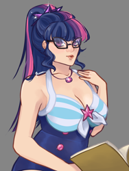 Size: 1200x1600 | Tagged: safe, artist:suracao, derpibooru import, sci-twi, twilight sparkle, human, g4, alternate hairstyle, book, breasts, clothes, female, geode of telekinesis, glasses, gray background, humanized, magical geodes, one-piece swimsuit, sci-twi swimsuit, simple background, solo, swimsuit