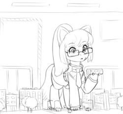 Size: 746x692 | Tagged: safe, artist:alloyrabbit, derpibooru import, oc, oc only, earth pony, pony, :o, bus, clothes, giant pony, glasses, high ponytail, holding, macro, monochrome, necktie, not sci-twi, not species swap, open mouth, solo