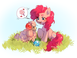 Size: 2597x1957 | Tagged: safe, artist:tyutya, derpibooru import, pinkie pie, earth pony, pony, g4, :p, cotton candy, female, grass, heart, mare, pal, pal spheres, palworld, shine, solo, tongue, tongue out, woolipop