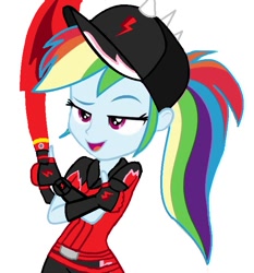 Size: 670x720 | Tagged: safe, artist:mlpandboboiboyfan, derpibooru import, edit, edited screencap, screencap, rainbow dash, better together, equestria girls, g4, spring breakdown, background removed, belt, boboiboy, boboiboy halilintar, cap, clothes, gloves, hat, machete, open mouth, ponytail, simple background, solo, watch, white background