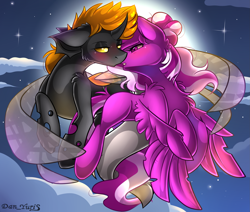 Size: 2451x2080 | Tagged: safe, alternate version, artist:yuris, derpibooru import, oc, oc:thunder, alicorn, changeling, pony, alicorn oc, alternate character, blushing, ears back, ears up, female, flying, full moon, horn, imminent kissing, male, moon, night, shipping, sky, straight, wings, yellow changeling