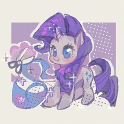 Size: 1600x1600 | Tagged: safe, artist:yangxingdyx, derpibooru import, rarity, pony, unicorn, g4, abstract background, cute, female, mare, raribetes, scissors, smiling, solo, sparkles