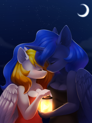 Size: 1662x2217 | Tagged: safe, artist:alphadesu, derpibooru import, princess luna, oc, oc:starfyre, alicorn, anthro, pegasus, breasts, canon x oc, cleavage, clothes, dress, eyes closed, female, lantern, lesbian, night, sleeveless