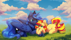 Size: 1920x1080 | Tagged: safe, artist:alphadesu, derpibooru import, princess luna, sunset shimmer, alicorn, pony, unicorn, cloud, cute, duo, female, field, grass, looking at each other, looking at someone, lying down, lying in grass, lying on the ground, mare, on ground, prone, smiling, smiling at someone