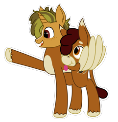 Size: 1296x1344 | Tagged: safe, artist:of-felt-and-cardboard, derpibooru import, oc, oc only, oc:flapjack, oc:pogo springs, hybrid, mule, pony, unicorn, :p, detachable head, freckles, head swap, headless, male, modular, pegamule, simple background, sticker, tongue, tongue out, transparent background, wing hands, wings