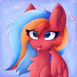Size: 1773x1773 | Tagged: safe, artist:gaffy, derpibooru import, oc, oc only, oc:gaffy, pegasus, ahegao, chest fluff, ear fluff, ears, eye clipping through hair, female, heterochromia, open mouth, pegasus oc, solo, tongue, tongue out, wings